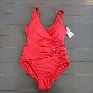 NWT  Michael Kors Women’s Coral Iconic Sash V-Neck One Piece Swimsuit Size 10